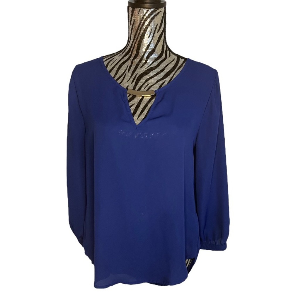 Meraki Blue V Neck Open Back Blouse with Gold Accents